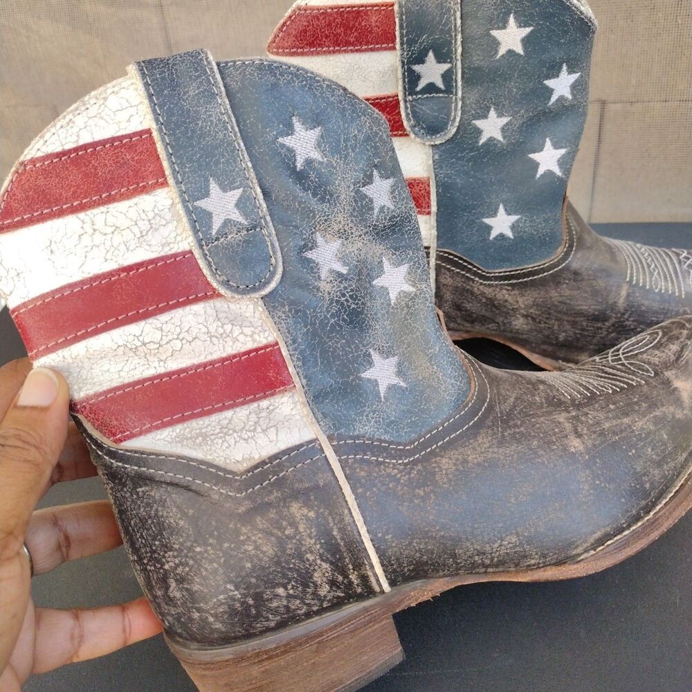 Roper American Beauty Flag Distressed Western Cowboy Boots Ankle-Women's Size 10 - Picture 6 of 10